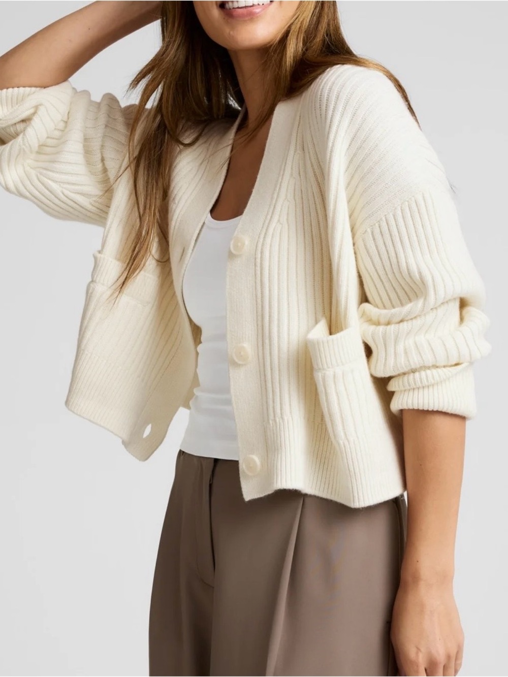 Beyond Yoga Ivory Ribbed Button-Front Cardigan - Picture 2 of 7